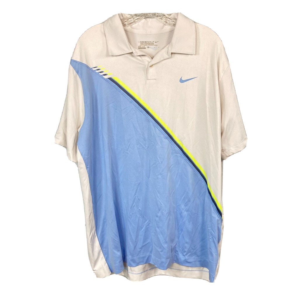 Nike Golf Polo Mens Sz L White Blue Dri-Fit Performace Short Sleeve